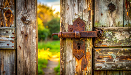 An old, weathered wooden gate with a rusty latch stands slightly ajar, inviting you to step through.の素材