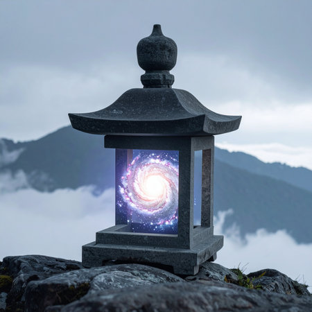 Perched atop a misty mountain, an ancient Japanese stone lantern holds not a flame, but a swirling galaxy.の素材