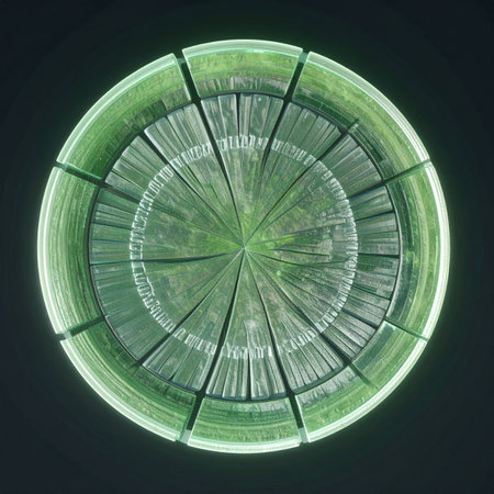 An overhead view captures the intricate, symmetrical beauty of a vintage green glass plate.の素材