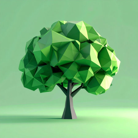 A solitary tree rendered in a modern, low-poly style stands against a clean green background.の素材