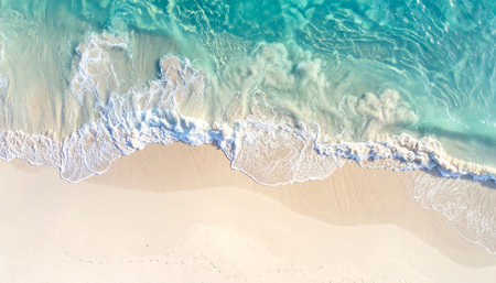 An aerial perspective captures the gentle rhythm of the ocean as a turquoise wave softly kisses the pristine white sand.の素材