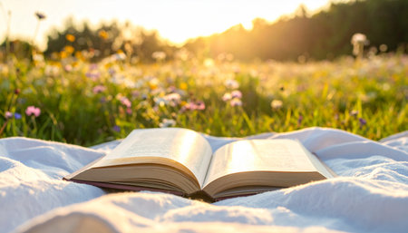 An open book lies on a soft white blanket, its pages catching the warm, golden light of a setting sun.の素材