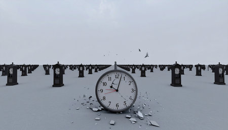 In a vast, grey expanse where time stands still, countless clocks mark moments that no longer matter.の素材