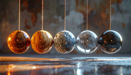 A row of metallic spheres from a Newton's cradle hangs in perfect alignment, their polished surfaces reflecting a dramatic, moody light.の素材