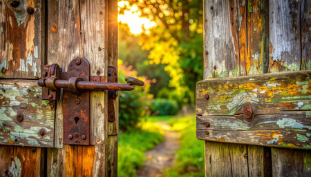 An old, weathered wooden gate with a rusty latch stands ajar, revealing an inviting path into a secret garden.の素材