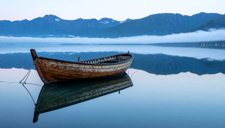 An old wooden boat rests on the perfectly still, glass-like surface of a mountain lake during a quiet, misty morning.の素材