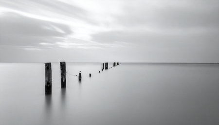 A serene, minimalist black and white seascape captured with a long exposure.の素材