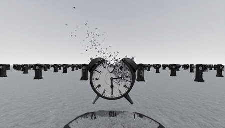 In a vast, repetitive landscape symbolizing the monotony of routine, an alarm clock shatters, its fragments exploding into the gray sky.の素材