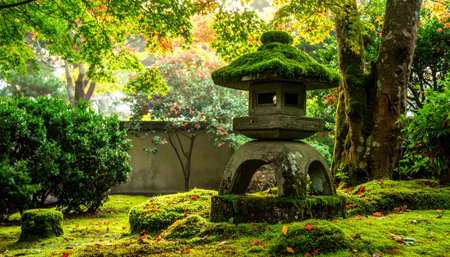 An ancient stone lantern, cloaked in vibrant green moss, stands as a silent guardian in a tranquil Japanese garden.の素材