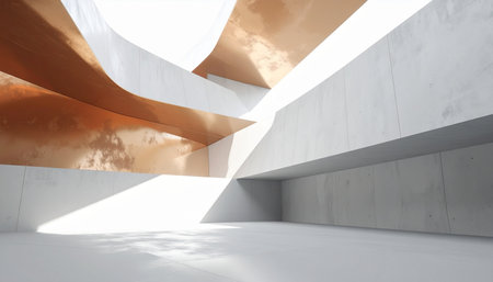 Sunlight streams into a vast, futuristic hall, illuminating the interplay between raw, brutalist concrete walls and a flowing, warm copper ceiling.の素材