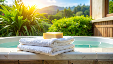 An inviting outdoor bathtub awaits at a luxury resort, with fresh white towels and soap ready for a relaxing soak.の素材