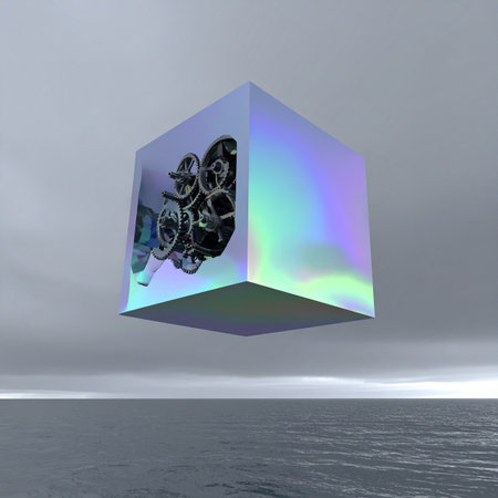 A mysterious iridescent cube hovers silently over a calm, grey sea, its semi-transparent surface revealing a complex inner mechanism of gears and cogs.の素材