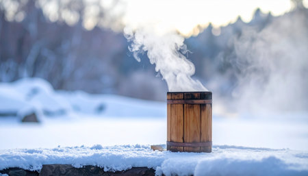 A wooden mug releases a plume of steam, offering a moment of warmth and comfort against a serene, snow-covered landscape.の素材