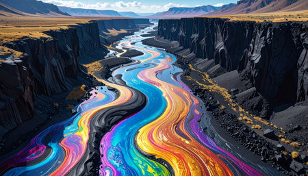 A surreal river of liquid color carves its path through a dramatic, dark rock canyon.の素材