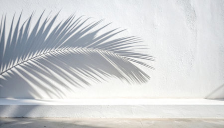 Morning sunlight filters into a serene, minimalist space, casting the delicate shadow of a palm leaf across a clean white wall.の素材