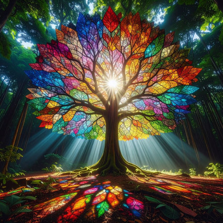 In the heart of an ancient, enchanted forest stands a magnificent tree, its leaves a mosaic of vibrant stained glass.の素材