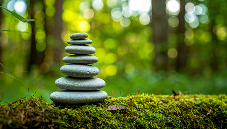 A carefully balanced stack of smooth stones rests on a moss-covered log in a tranquil forest.の素材