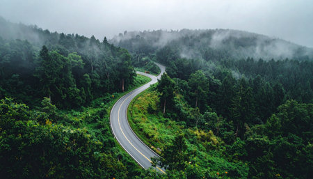An empty, serpentine road carves a path through a dense, green forest shrouded in a mysterious morning fog.の素材