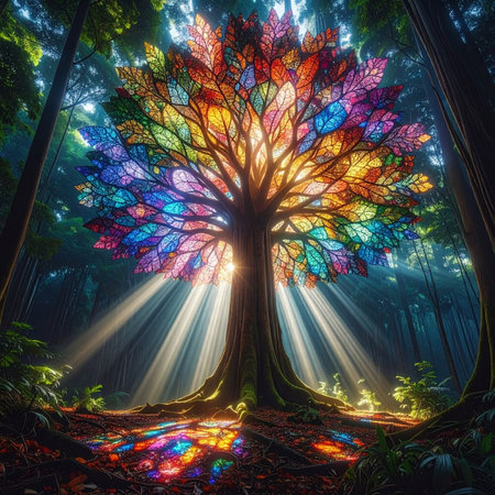 In the heart of an ancient, twilight forest stands a magnificent tree, its leaves crafted from vibrant stained glass.の素材