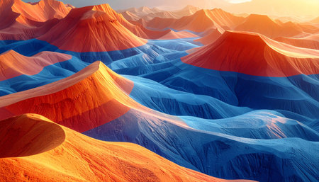 A surreal desert landscape unfolds where waves of vibrant blue sand flow between fiery orange dunes.の素材