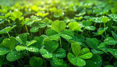 A lush field of vibrant green clovers awakens under the gentle morning sun.の素材