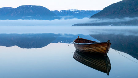 A lone wooden boat rests on the glassy surface of a tranquil lake, its reflection perfectly mirrored in the still water.の素材