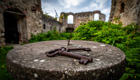 A pair of old, rusty keys rests upon a weathered stone sundial, hinting at a forgotten story.の素材