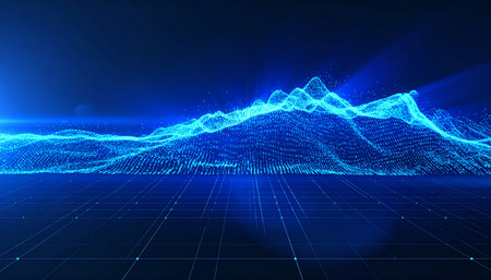 A luminous digital mountain range rises from a grid of pure information.の素材