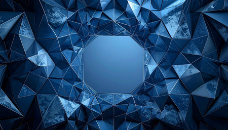 A portal of polished blue crystal emerges from a complex, faceted landscape.の素材