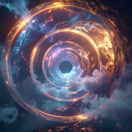 Gaze into the infinite. Concentric rings of fiery and ethereal light form a dynamic tunnel through space and time, inviting the viewer on a cosmic journey to new worlds and undiscovered dimensions.の素材