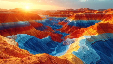 As the sun sets over an alien world, rivers of liquid color flow through a surreal canyon.の素材