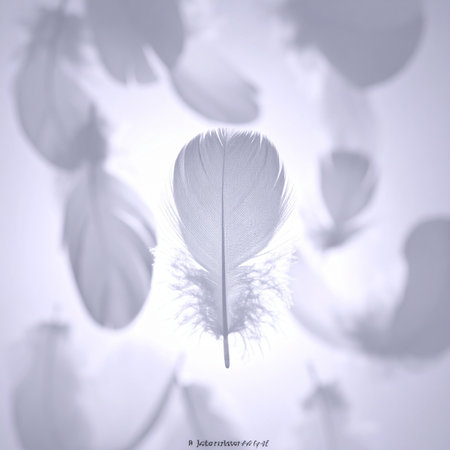 A single, delicate feather is captured in perfect focus, suspended in a soft, ethereal haze of lavender light.の素材
