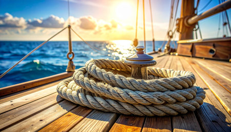 The morning sun casts a warm, golden glow across the wooden deck of a sailboat, illuminating a coiled rope ready for the day's journey.の素材