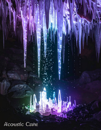 Vibrant hues of purple, blue, and green illuminate a hidden subterranean world. Water drips from glowing icicles, creating a magical, sparkling cascade in the silent darkness of the grotto.の素材