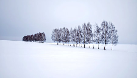 A serene and minimalist winter landscape unfolds under a soft, overcast sky.の素材