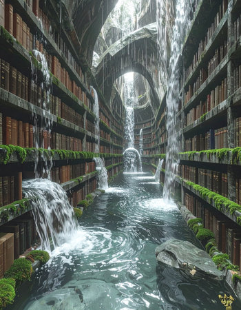In a forgotten grotto where nature and knowledge intertwine, a river of wisdom flows through an ancient library.の素材