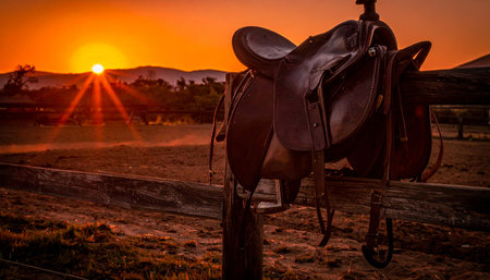 As the sun dips below the rolling hills, its last golden rays illuminate a weathered leather saddle on a fence post.の素材