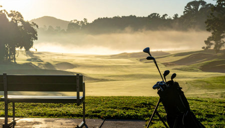 The first light of dawn breaks over the rolling hills, casting a golden glow on the misty fairway.の素材