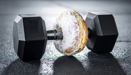 A powerful conceptual image of a heavy dumbbell on a dark, gritty floor, where one of the weights is replaced by planet Earth.の素材