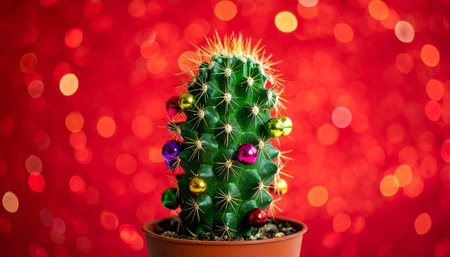 Embracing a unique holiday spirit, a small cactus stands in for a traditional Christmas tree.の素材