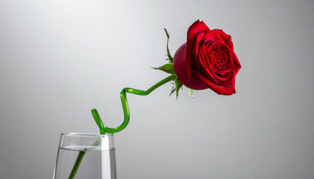 A single red rose defies expectations with its playfully curled stem, symbolizing unconventional love, creative growth, and finding beauty in imperfection.の素材