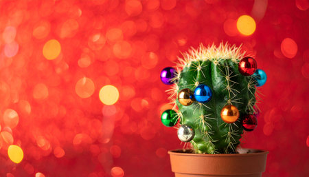 Embracing a unique holiday spirit, a small cactus stands in for a traditional Christmas tree.の素材