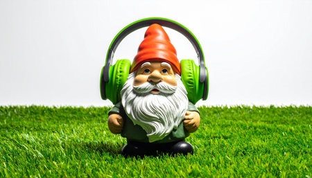 A classic garden gnome takes a modern break, tuning out the world with a pair of vibrant green headphones.の素材