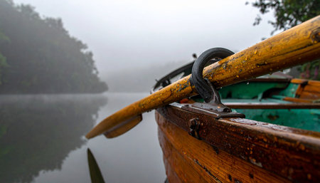 A wooden rowboat rests on the glassy surface of a lake, shrouded in the quiet mystery of a foggy morning.の素材
