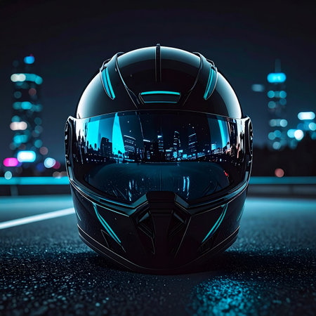 In the heart of a cyberpunk metropolis, a sleek helmet sits on the road, its glowing blue accents pulsing with energy.の素材