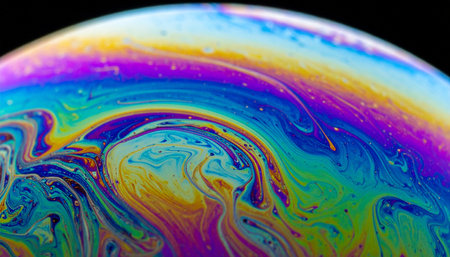 A mesmerizing macro view reveals the chaotic beauty of a soap bubble's surface.の素材