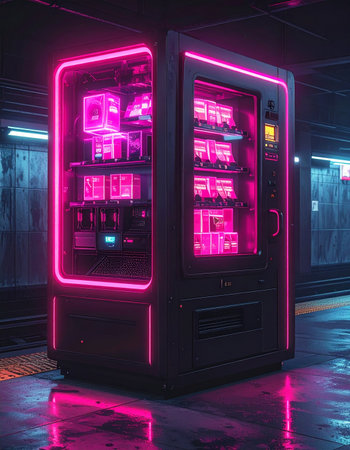 In the quiet hours of a rain-slicked metropolis, a lone vending machine casts a vibrant pink neon glow, offering a moment of electric solace in the dark, futuristic city.の素材
