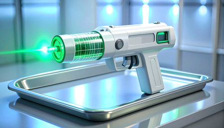 In a sterile, high-tech laboratory, a newly developed laser gun prototype rests on a metal tray after a successful test fire.の素材