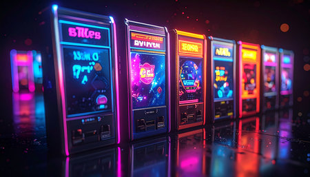 A row of sleek, futuristic gaming machines glows with vibrant neon light in a dark, high-tech arcade.の素材