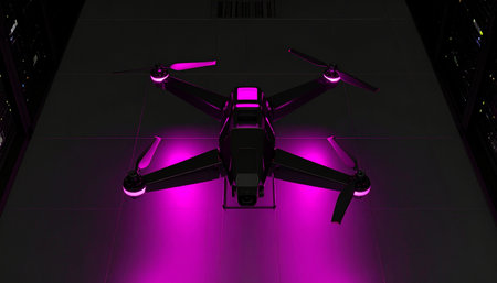 A high-tech drone with vibrant purple lights hovers silently in the darkness, embarking on a clandestine nocturnal mission.の素材